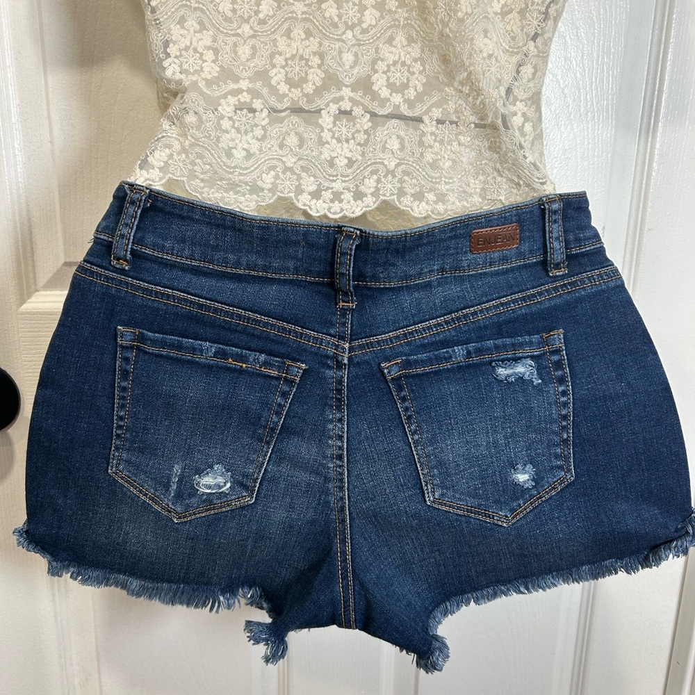 Dark Indigo Distressed Denim Jean Shorts - ENSEAN - Picture 2 of 4